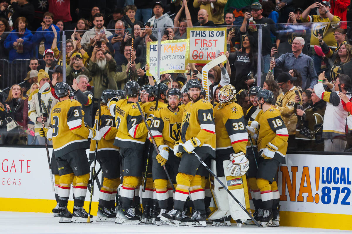 The Golden Knights celebrate an overtime win during an NHL hockey game between the Golden Knigh ...