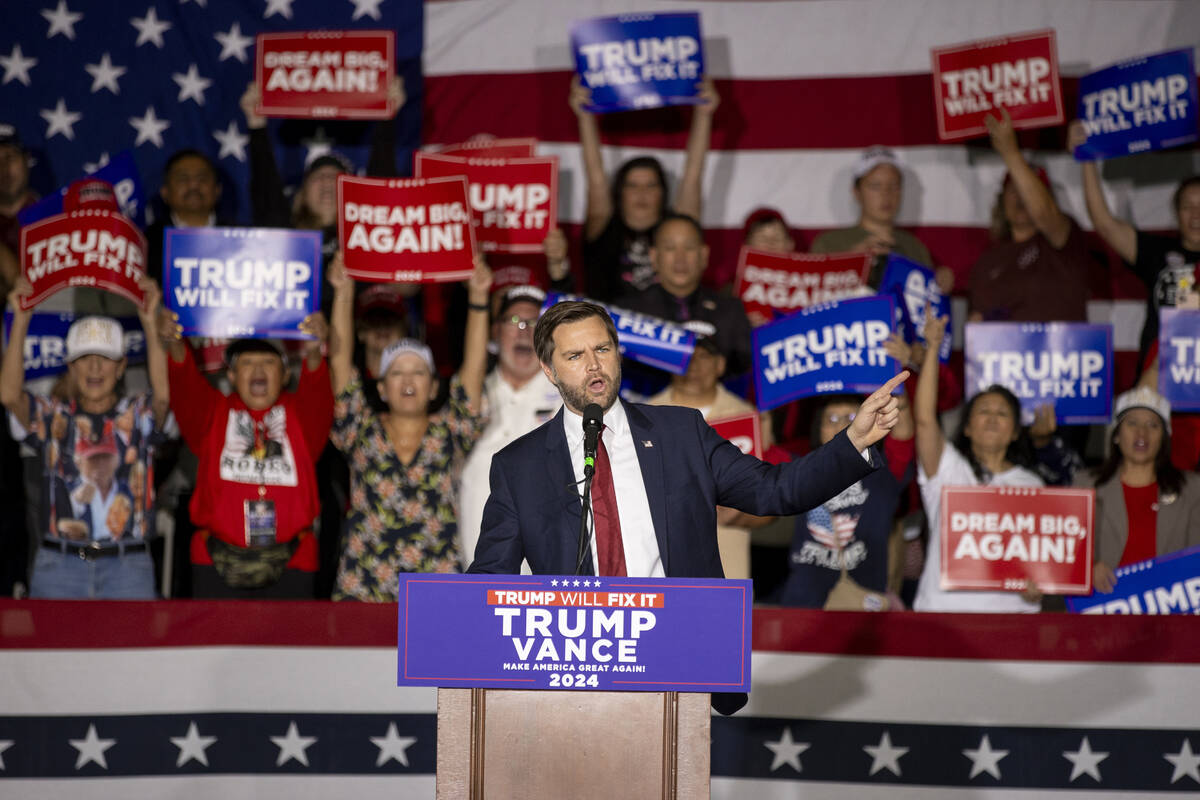 Republican vice presidential nominee Sen. JD Vance, R-Ohio, speaks during a campaign event at t ...