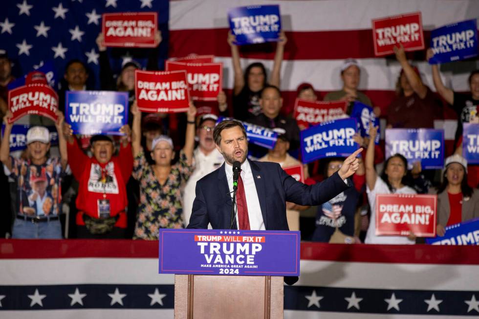 Republican vice presidential nominee Sen. JD Vance, R-Ohio, speaks during a campaign event at t ...