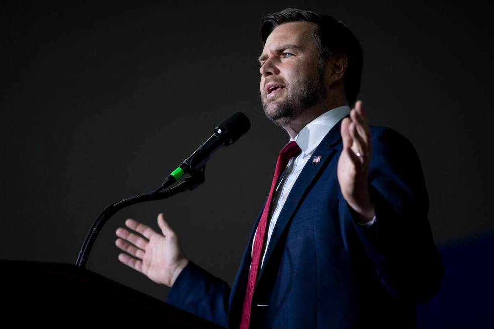 Republican vice presidential nominee Sen. JD Vance, R-Ohio, speaks during a campaign event at t ...