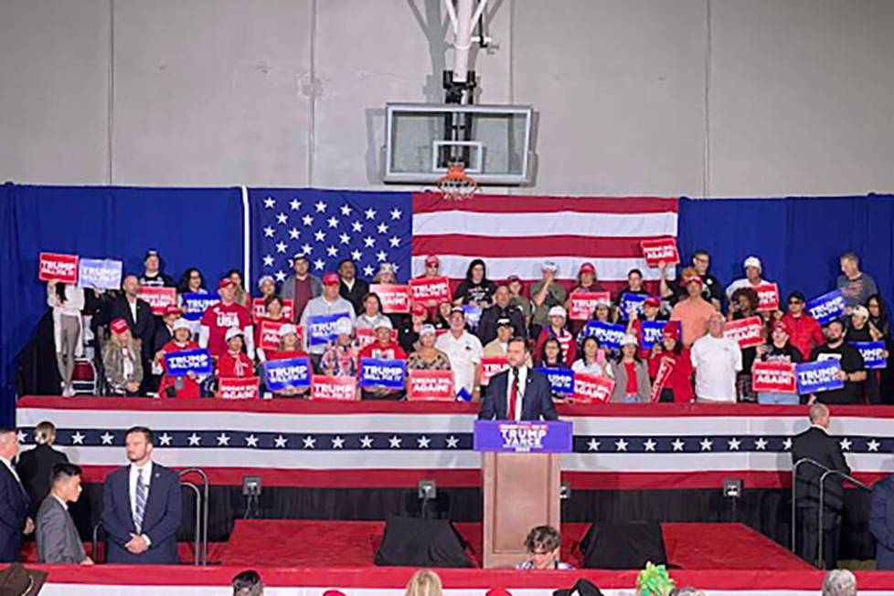 Republican vice presidential nominee Sen. J.D. Vance speaks to supporters at Whitney Recreation ...