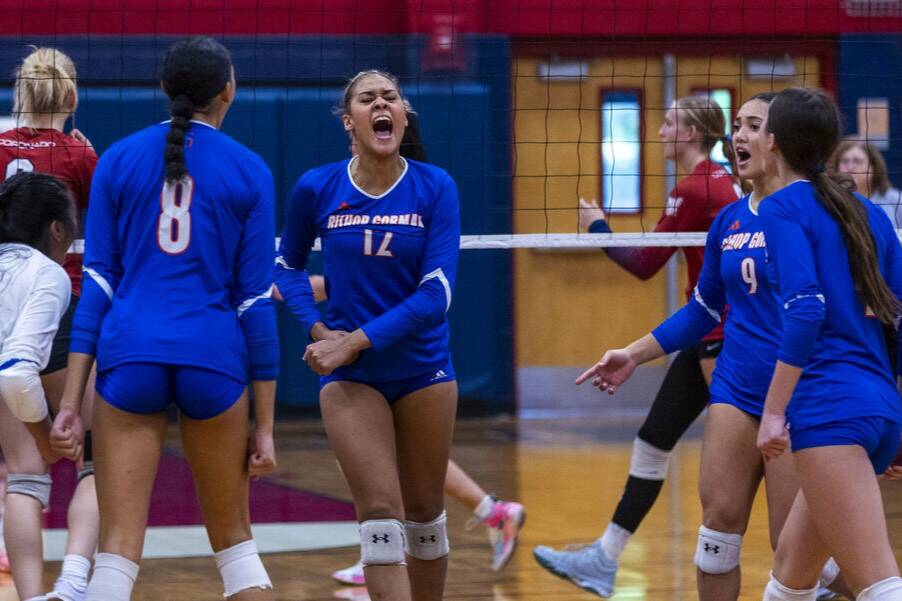 Bishop Gorman's Brooklynn Williams (12) is pumped up after another point against Coronado durin ...