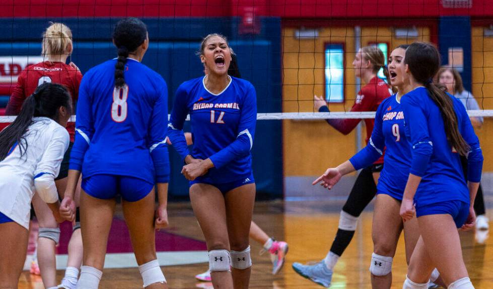 Bishop Gorman's Brooklynn Williams (12) is pumped up after another point against Coronado durin ...