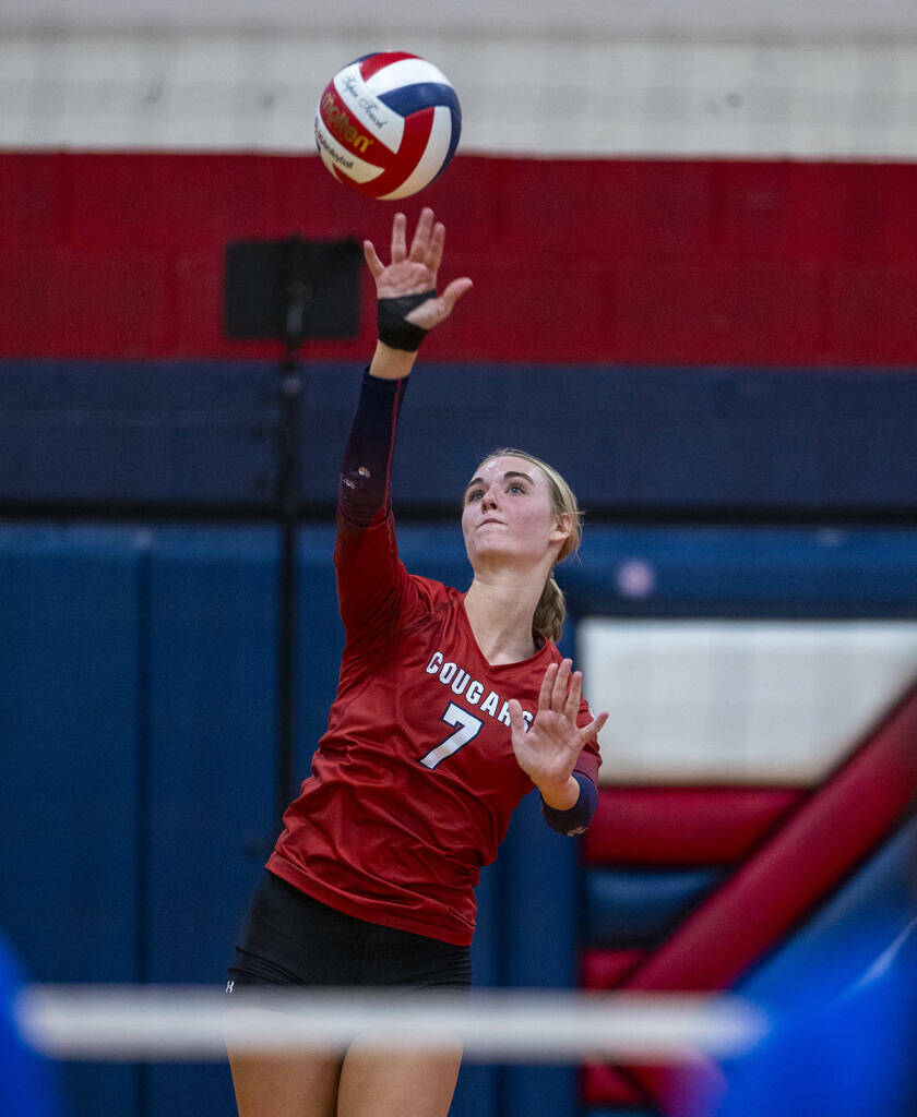 Coronado's Gentry Oblad (7) serves the ball to Bishop Gorman during the first set of their Clas ...