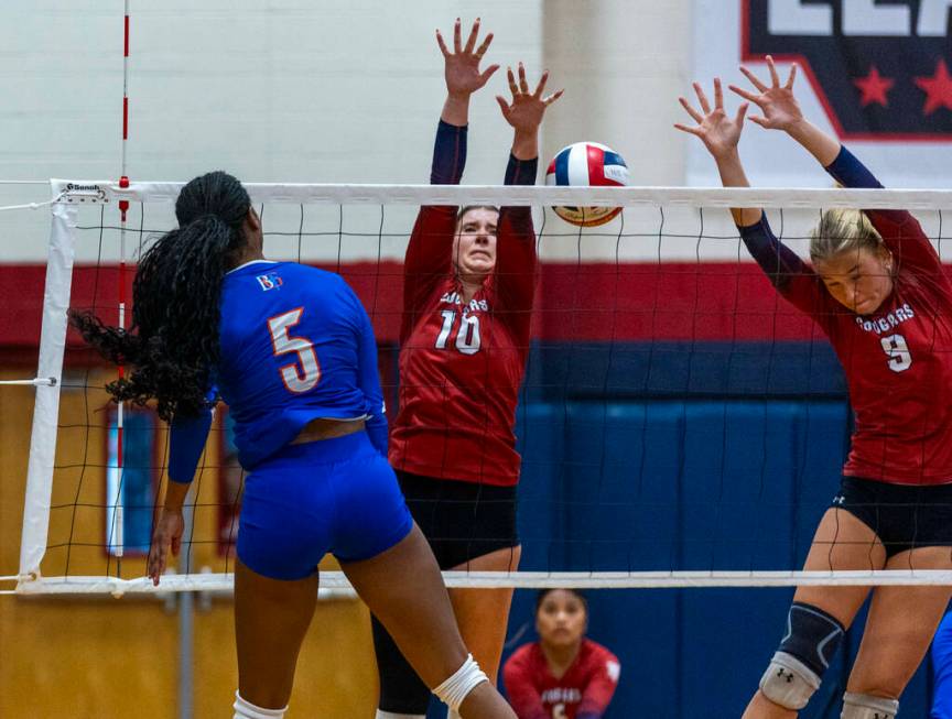 Bishop Gorman's Carsyn Stansberry (5) splits the defense of Coronado's Rachel Schwartz (10) and ...