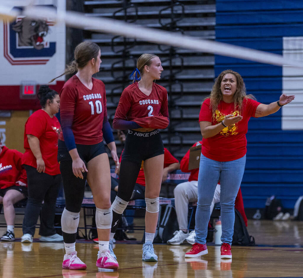 Coronado's head coach Melody Nua argues a lost point in a close set to Bishop Gorman with playe ...