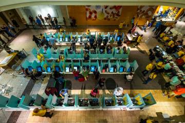 Voters finally get to the front of the line to cast their ballots in a polling spot in the Gall ...