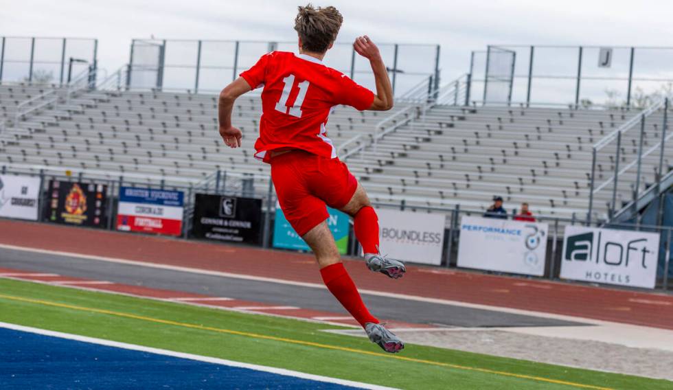 Coronado striker Gavin Flickinger (11) celebrates a goal against Palo Verde during the first ha ...