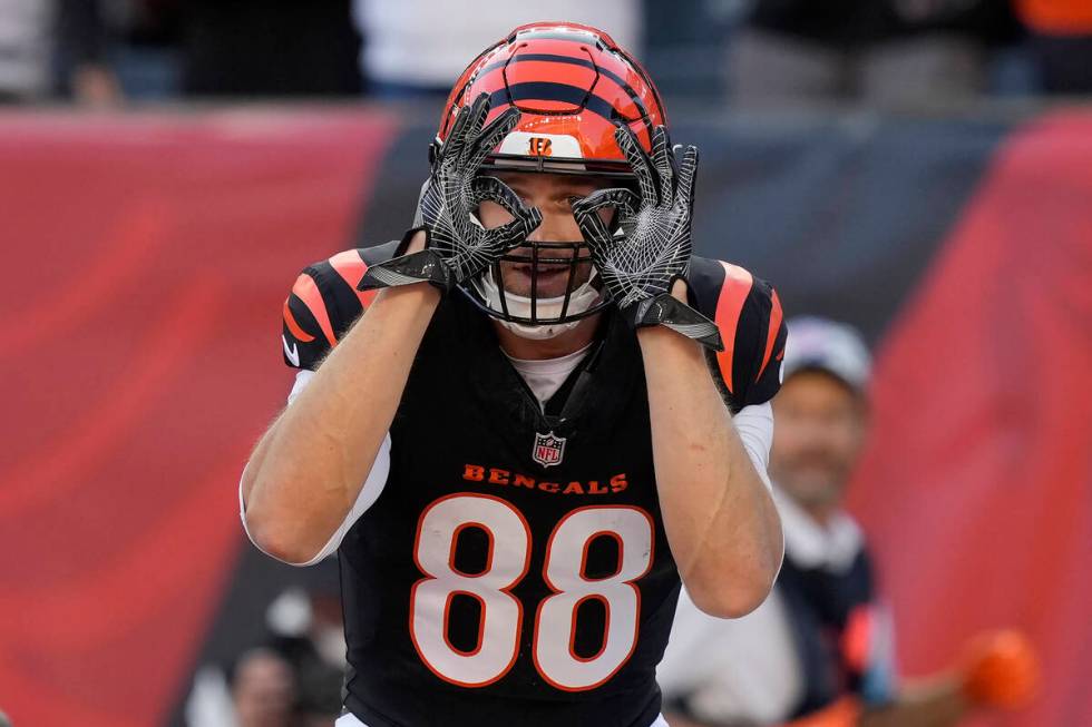 Cincinnati Bengals tight end Mike Gesicki (88) celebrates after scoring a touchdown against the ...