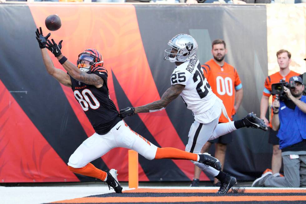 Cincinnati Bengals wide receiver Andrei Iosivas (80) cannot catch a pass in front of Las Vegas ...