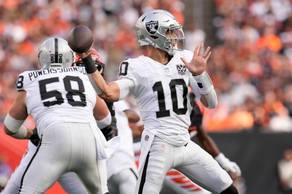 Las Vegas Raiders quarterback Desmond Ridder (10) passes against the Cincinnati Bengals during ...