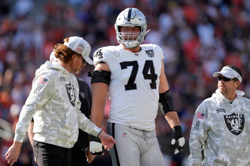 Las Vegas Raiders offensive tackle Kolton Miller (74) walks off the field during the first half ...