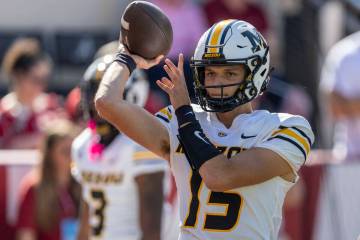 Missouri quarterback Tommy Lock (15) warms up before an NCAA college football game against Alab ...