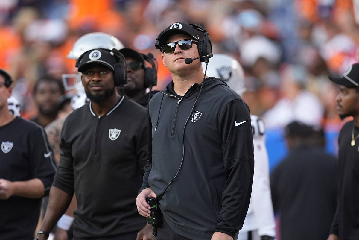 Las Vegas Raiders offensive coordinator Luke Getsy in the second half of an NFL football game S ...