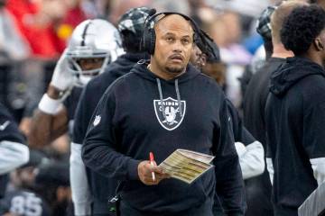 Raiders head coach Antonio Pierce on the sideline during the first half of an NFL game against ...