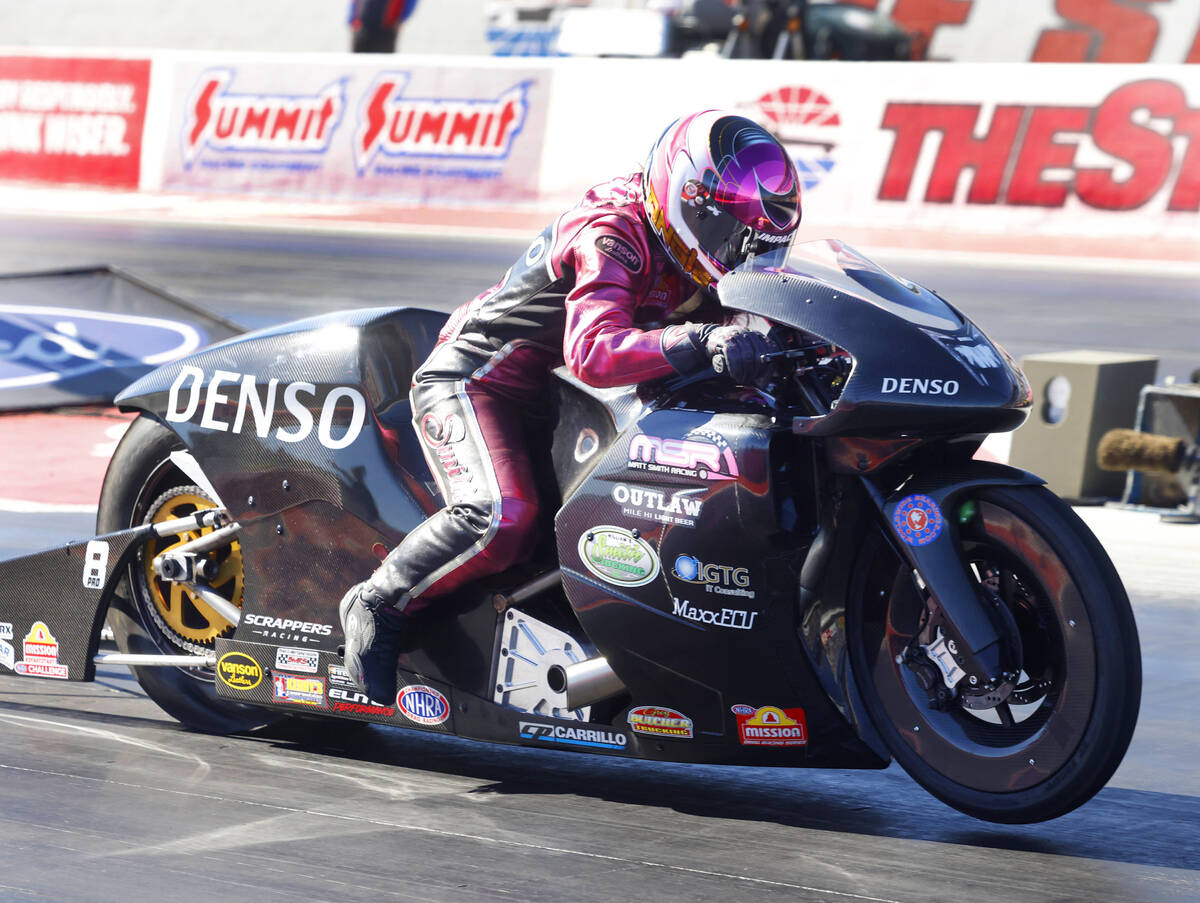 Pro Stock Motorcycle driver Angie Smith takes of during the final of the NHRA Nationals at the ...