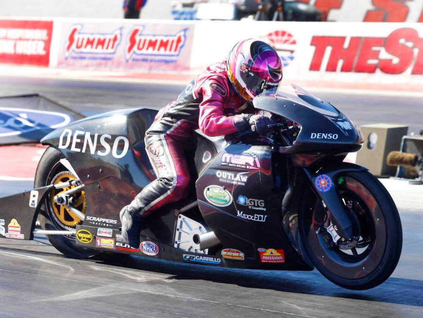 Pro Stock Motorcycle driver Angie Smith takes of during the final of the NHRA Nationals at the ...