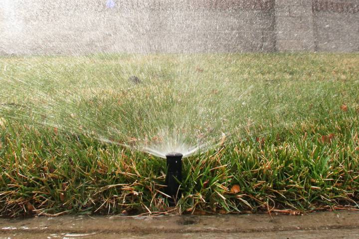 A sprinkler waters grass at Green Valley Parkway on March 5, 2019, in Henderson. (Bizuayehu Tes ...