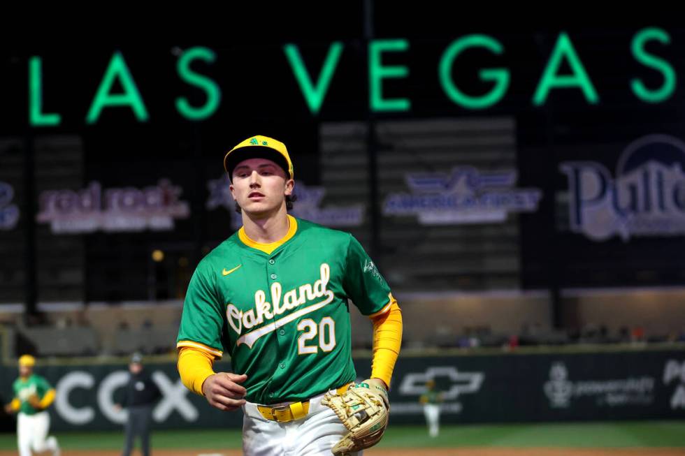 FILE - Athletics second baseman Zack Gelof (20) runs to the bench during a Major League Basebal ...