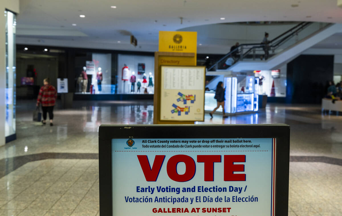 A sign marks a polling spot in the Galleria at Sunset on Friday, Nov. 1, 2024, in Las Vegas. (L ...