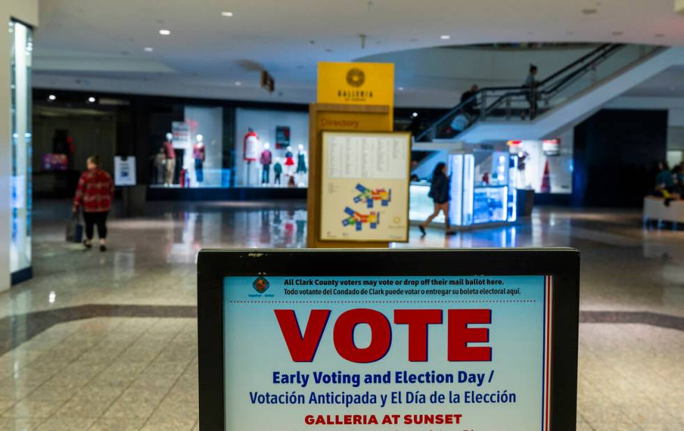 A sign marks a polling spot in the Galleria at Sunset on Friday, Nov. 1, 2024, in Las Vegas. (L ...