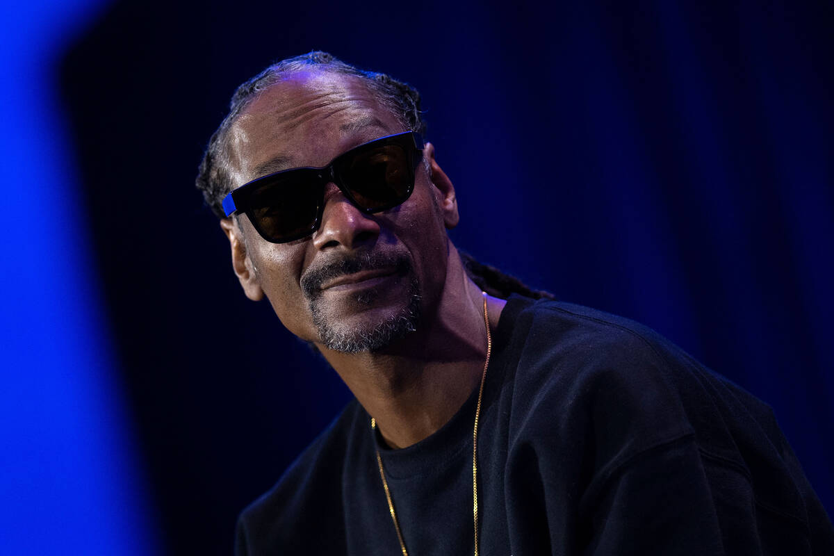 Rapper Snoop Dogg attends the Pepsi Super Bowl LVI Halftime Show news conference at the Los Ang ...