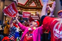 Supporter Sandi Steinbeck yells out as she and others celebrate as Donald Trump is re-elected P ...