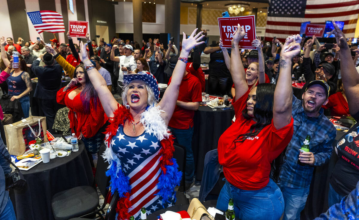 Supporters Stephanie Smith and Lamesha Young celebrate with others as Donald Trump is re-electe ...