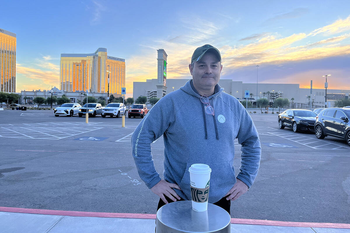 Ryan Hunt was the first man in line to vote Tuesday, Nov. 5, 2024, at Allegiant Stadium in Las ...