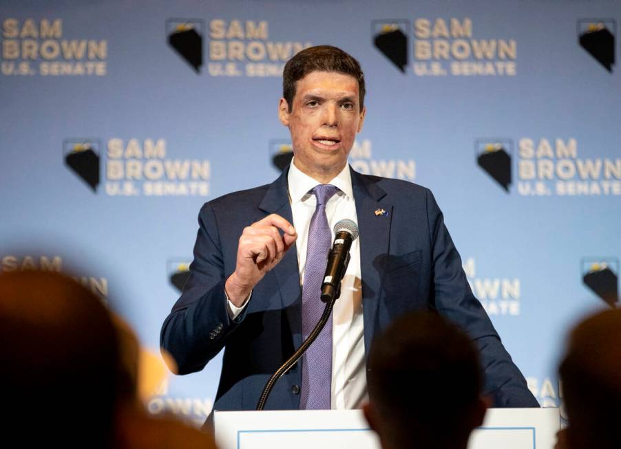 Republican senatorial candidate Sam Brown gives a celebratory speech during his Election Day wa ...