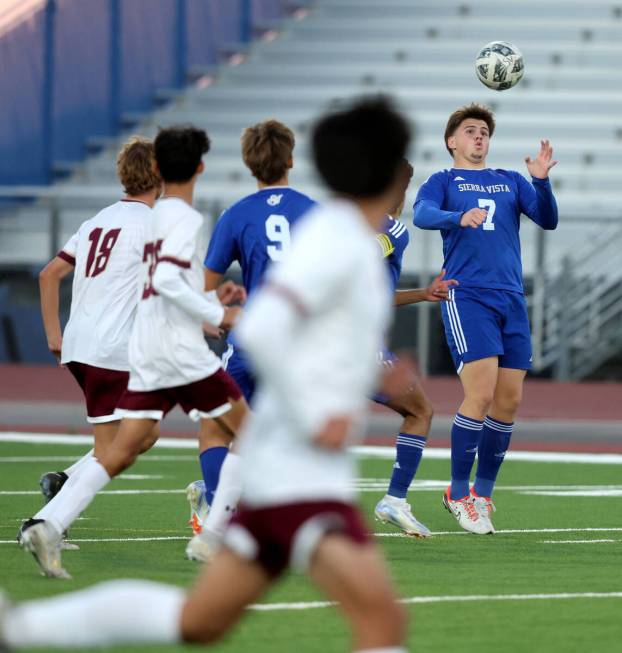 Sierra Vista midfielder Leon Mesic (7) heads the ball against Faith Lutheran in the first half ...