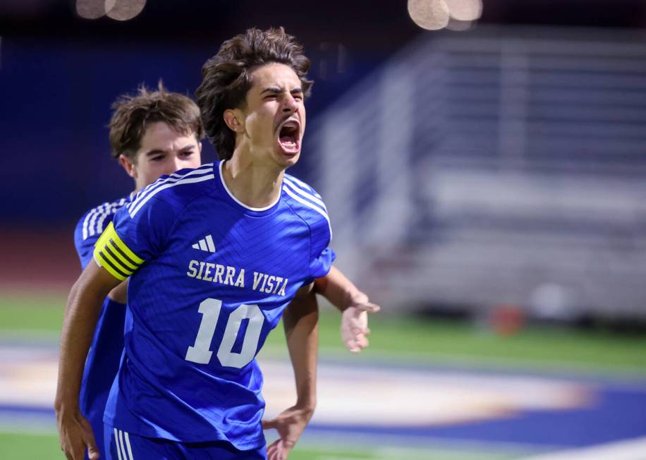 Sierra Vista forward Lazzar Ramos (10) celebrates scoring a goal against Faith Lutheran in the ...