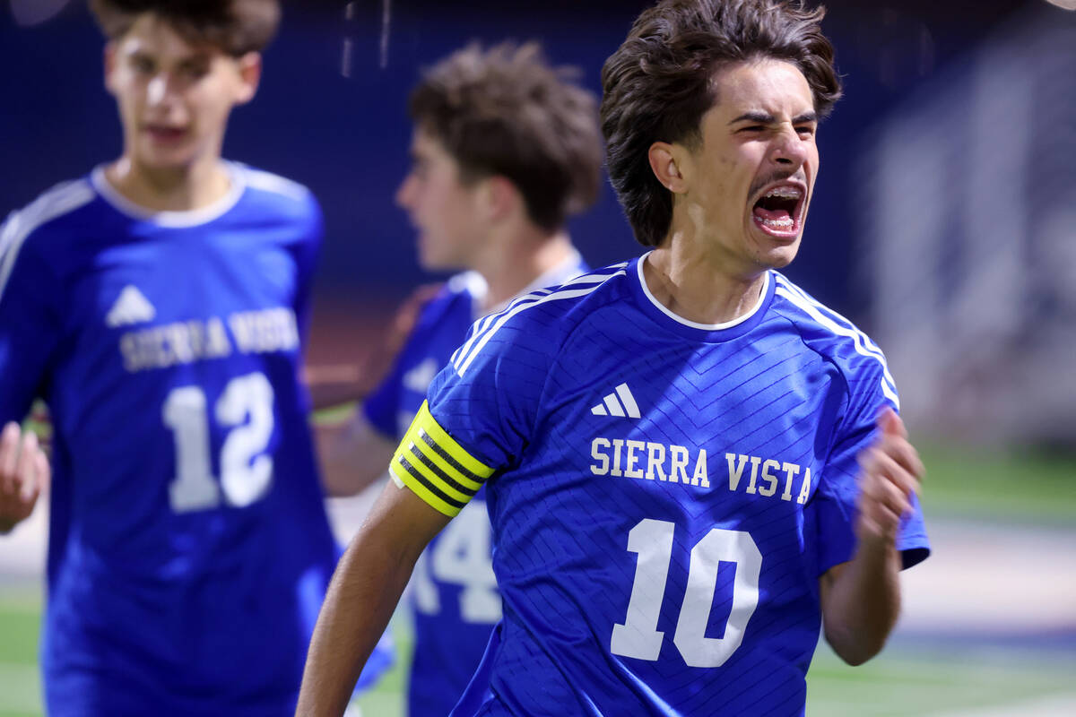 Sierra Vista forward Lazzar Ramos (10) celebrates scoring a goal against Faith Lutheran in the ...