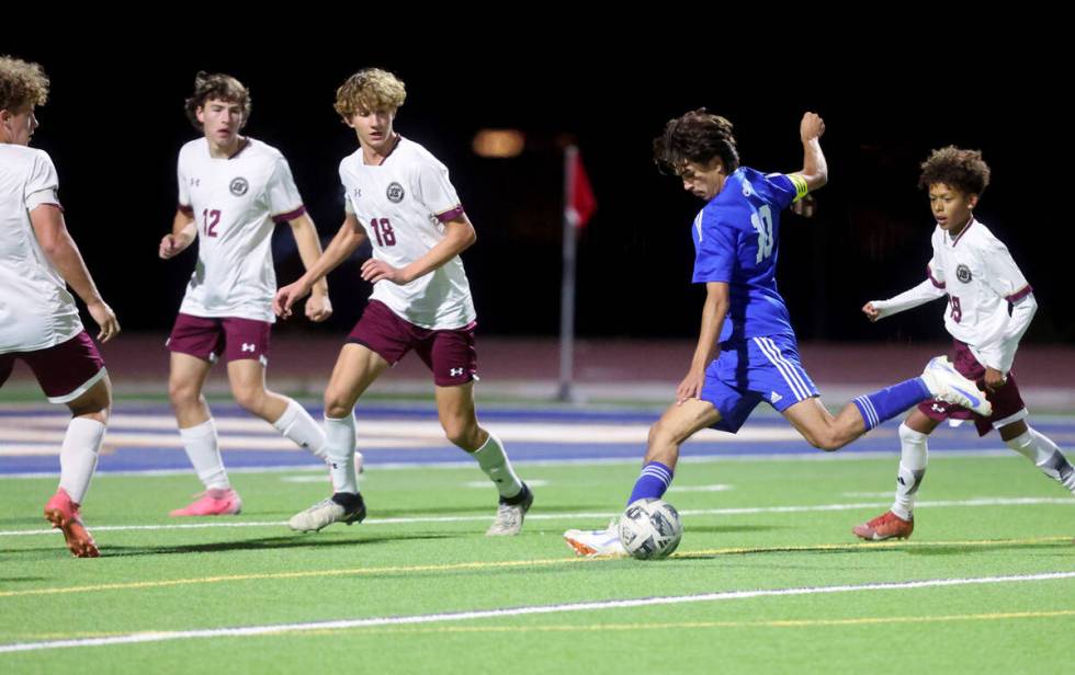 Sierra Vista forward Lazzar Ramos (10) shoots a goal against Faith Lutheran in the second half ...