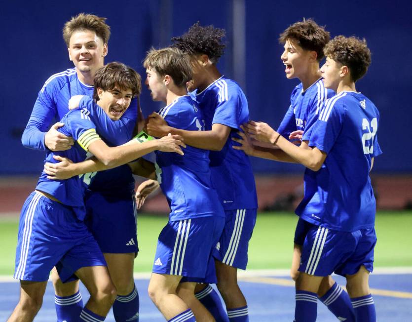 Sierra Vista forward Lazzar Ramos (10) celebrates a goal against Faith Lutheran in the second h ...