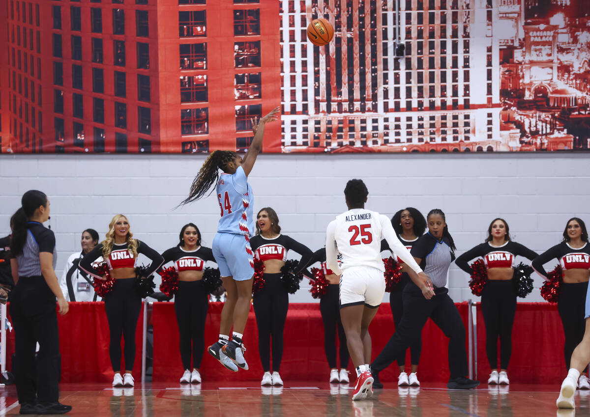 Loyola Marymount Lions guard Zawadi Ogot (54) shoots over UNLV Lady Rebels guard Aaliyah Alexan ...