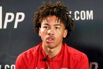 UNLV Rebels guard Dedan Thomas Jr. speaks during the Mountain West Conference men's basketball ...