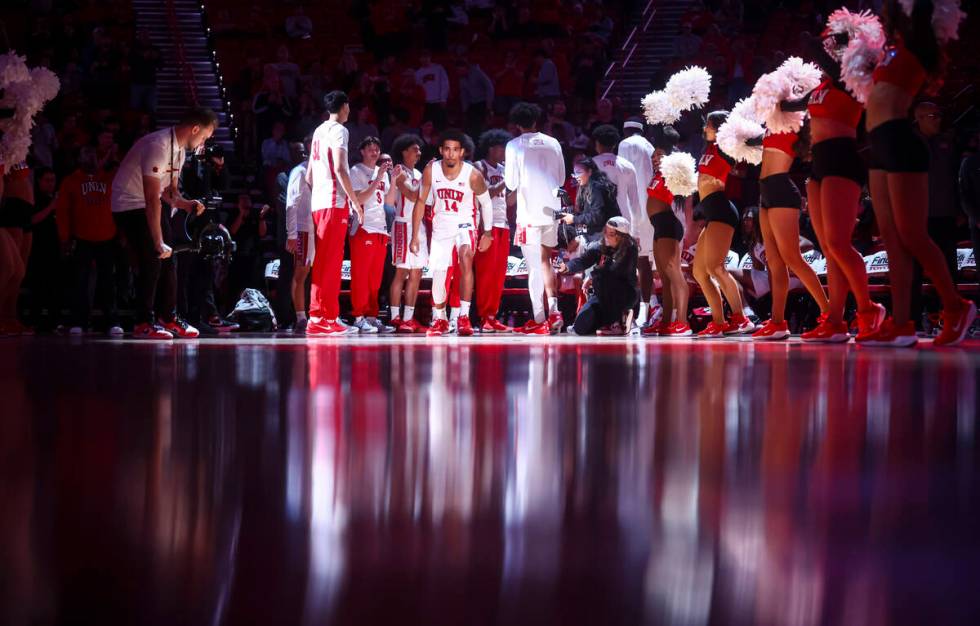 UNLV Rebels guard Jailen Bedford (14) is introduced before playing the Alabama State Hornets in ...