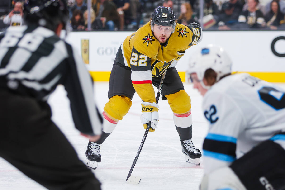 Golden Knights right wing Cole Schwindt (22) waits for the puck to drop during an NHL hockey ga ...