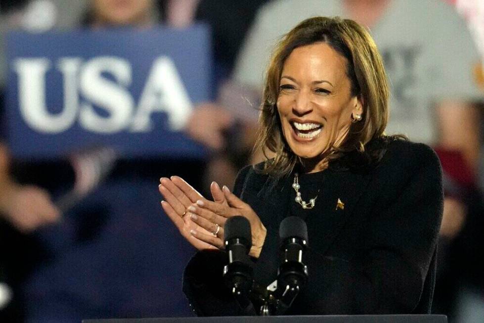 Democratic presidential nominee Vice President Kamala Harris addresses a campaign rally in Pitt ...