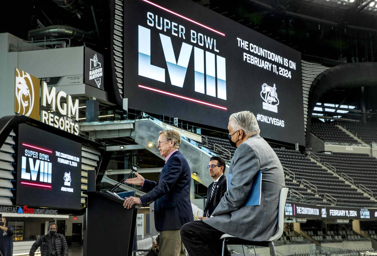 (From left) Maury Gallagher speaks while joined by Jeremy Aguero and Gov. Steve Sisolak during ...