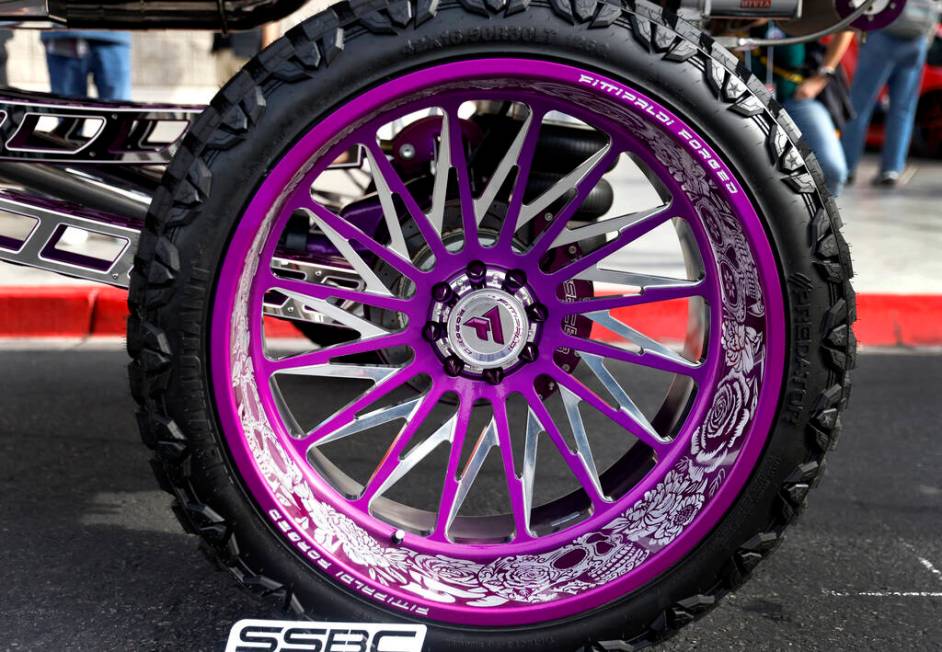 A giant wheel on a 2016 Chevy Silverado is seen during the first day of SEMA at the Las Vegas C ...