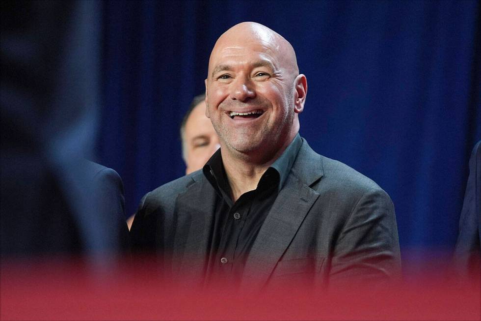 Dana White watches as Republican presidential nominee former President Donald Trump speaks at a ...