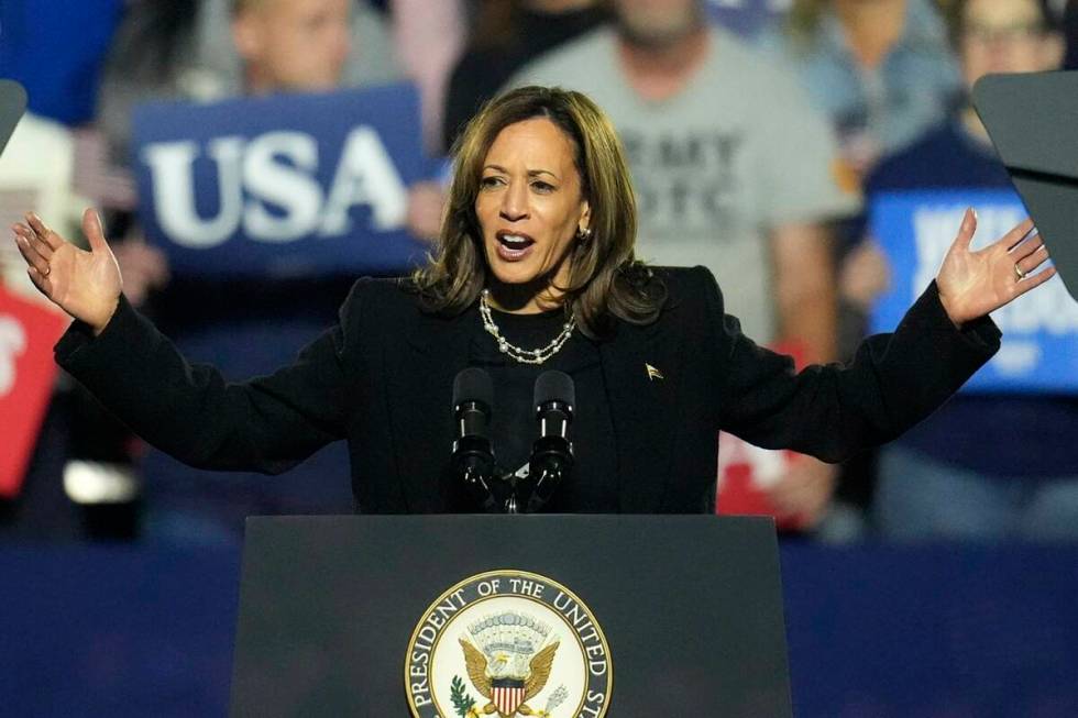 Democratic presidential nominee Vice President Kamala Harris addresses a campaign rally in Pitt ...