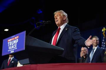 Republican presidential nominee former President Donald Trump speaks at an election night watch ...