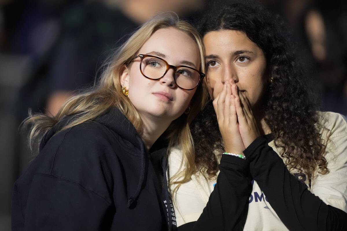 Supporters of Democratic presidential nominee Vice President Kamala Harris react during an elec ...