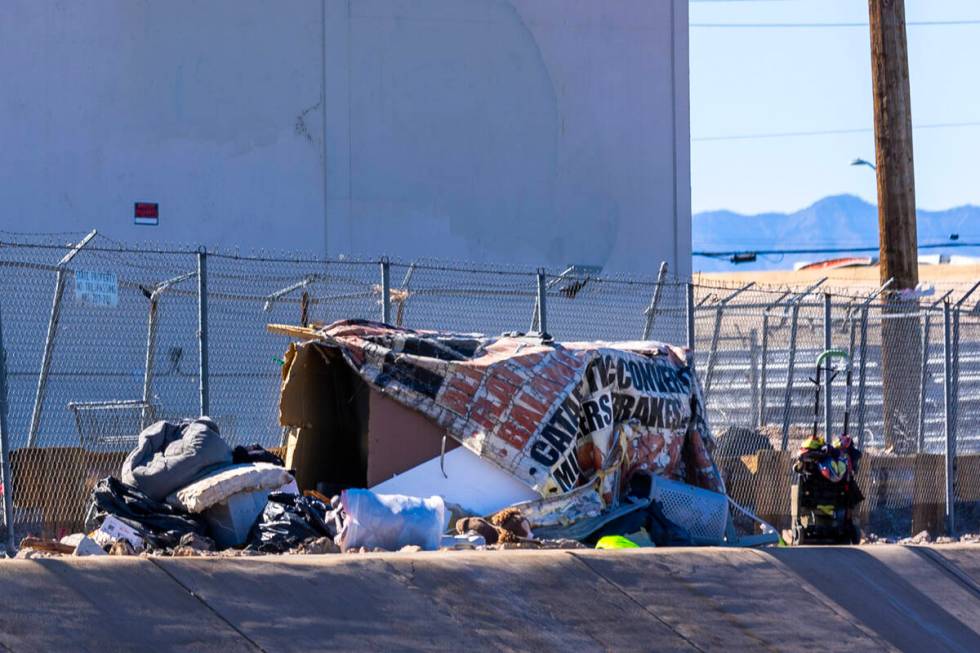 Homeless campers claim spots atop an embankment along East Washington Avenue on Wednesday, Nov. ...