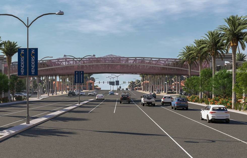 An artist rendering of a proposed pedestrian bridge to be built over Green Valley Parkway from ...