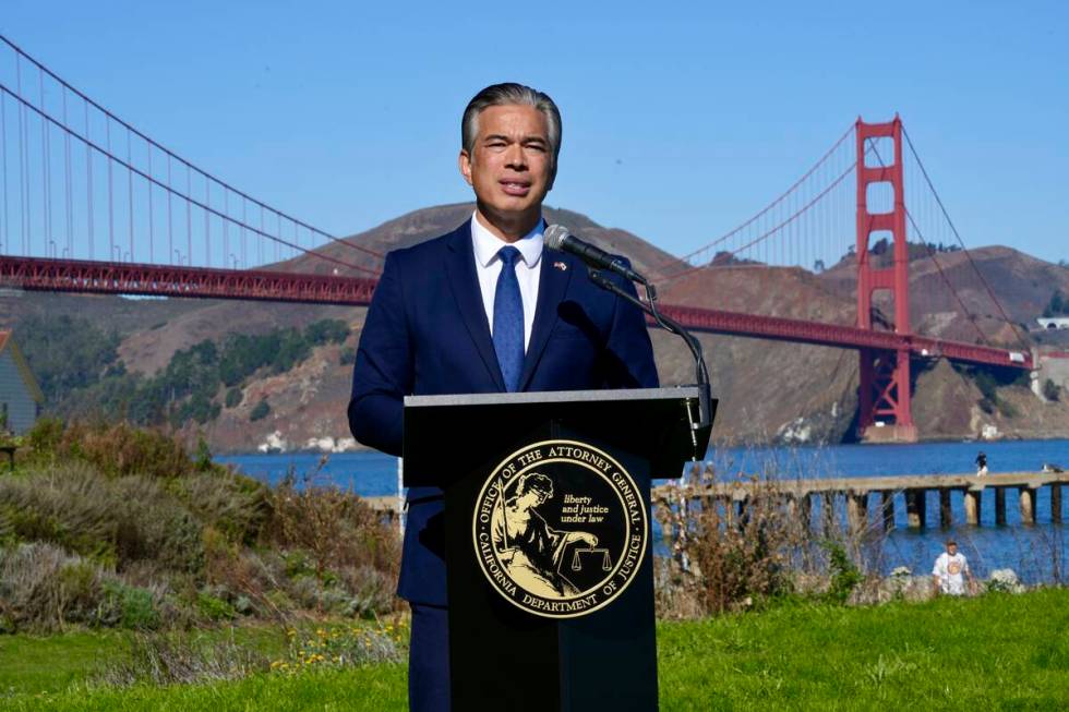 California Attorney General Rob Bonta speaks at a news conference in front of the Golden Gate B ...