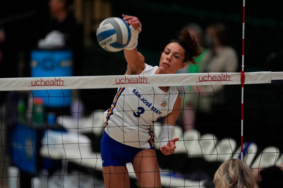 San Jose State outer hitter Blaire Fleming plays in the first set of an NCAA college volleyball ...